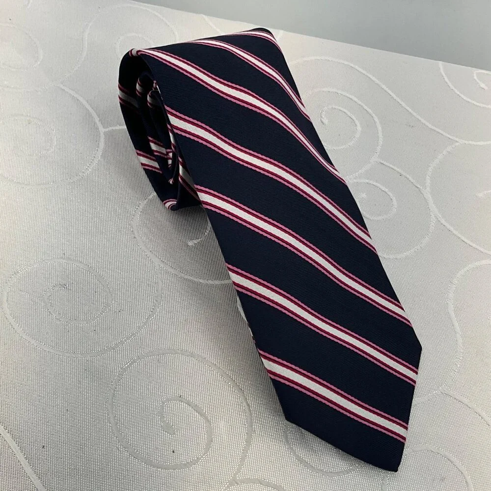 Tom James Men's Long Navy, Pink, White & Red‎ Striped Silk Tie